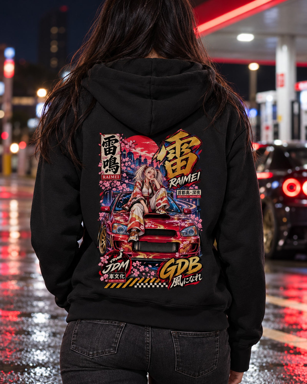 RAIMEI GDB Anime Girl Full-Back Graphic Tee Zip Hoodie Black worn hero