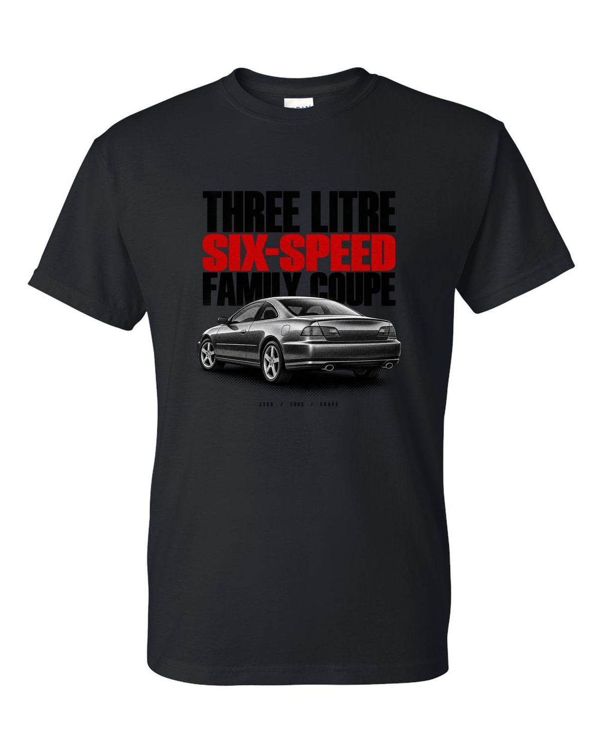 Halftone print for the 2005 Honda Accord V6 coupe reading three litre, six-speed, family coupe black t-shirt front view with the design