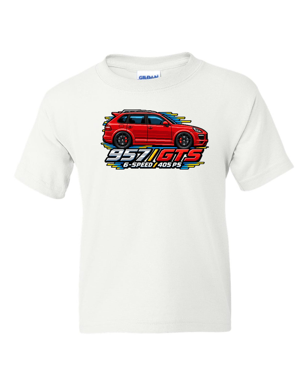 16-bit pixel art design of the Porsche Cayenne GTS 957 with 6-speed and 405 PS lettering white kids tee front view with the design
