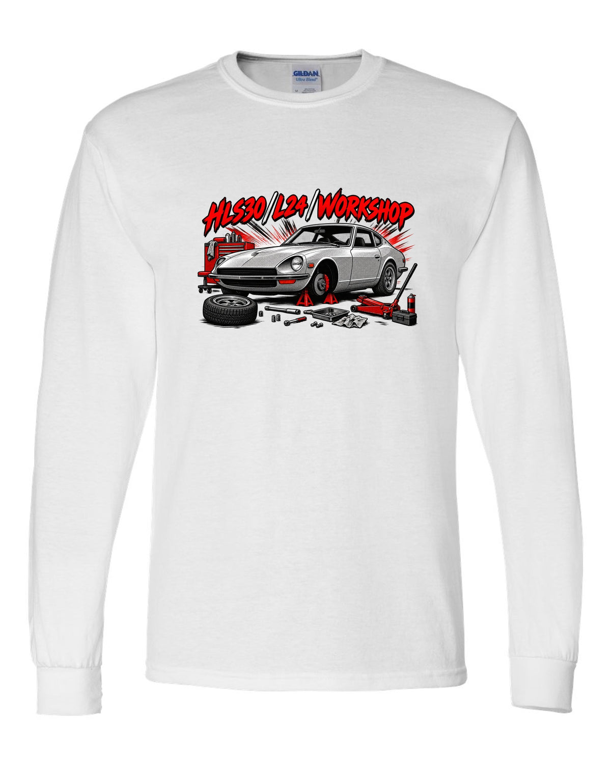 Retro manga halftone panel print of the Datsun 240Z HLS30 with L24 workshop lettering white long sleeve front view with the design