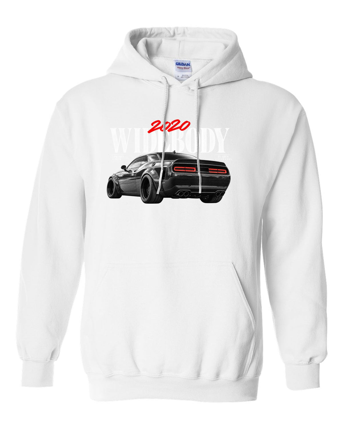 Editorial headline print of a 2020 Dodge Challenger Scat Pack Widebody with 3.5 inches wider text white pull over hoodie front view with the design