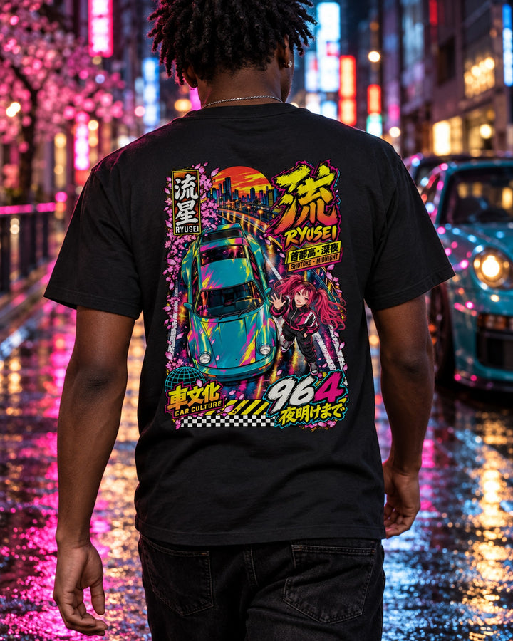 RYUSEI 964 Anime Girl Full-Back Graphic Tee T-Shirt Black worn hero