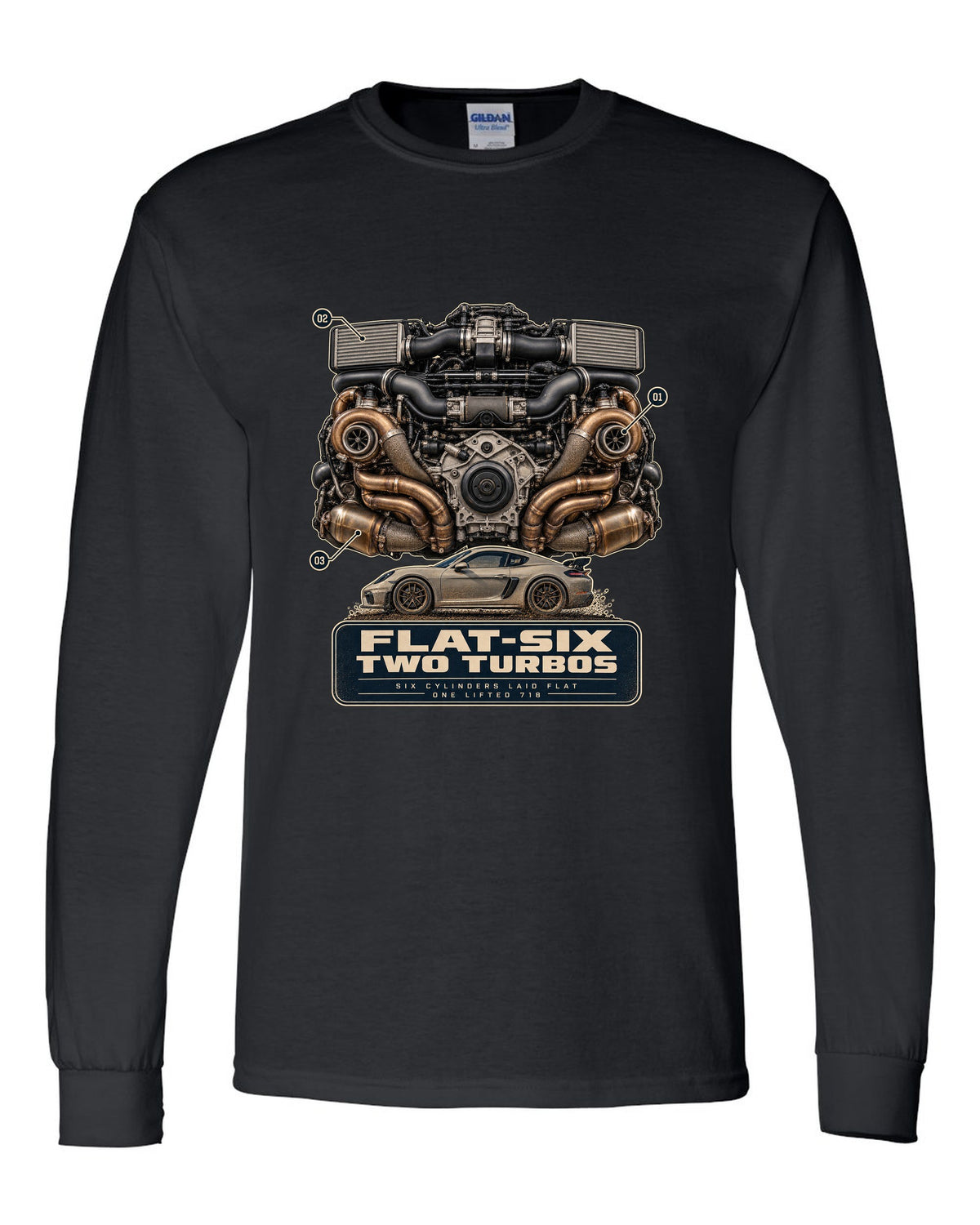 Engine hero print of a Porsche 911 Dakar 992 flat-six with two turbos black long sleeve front view with the design