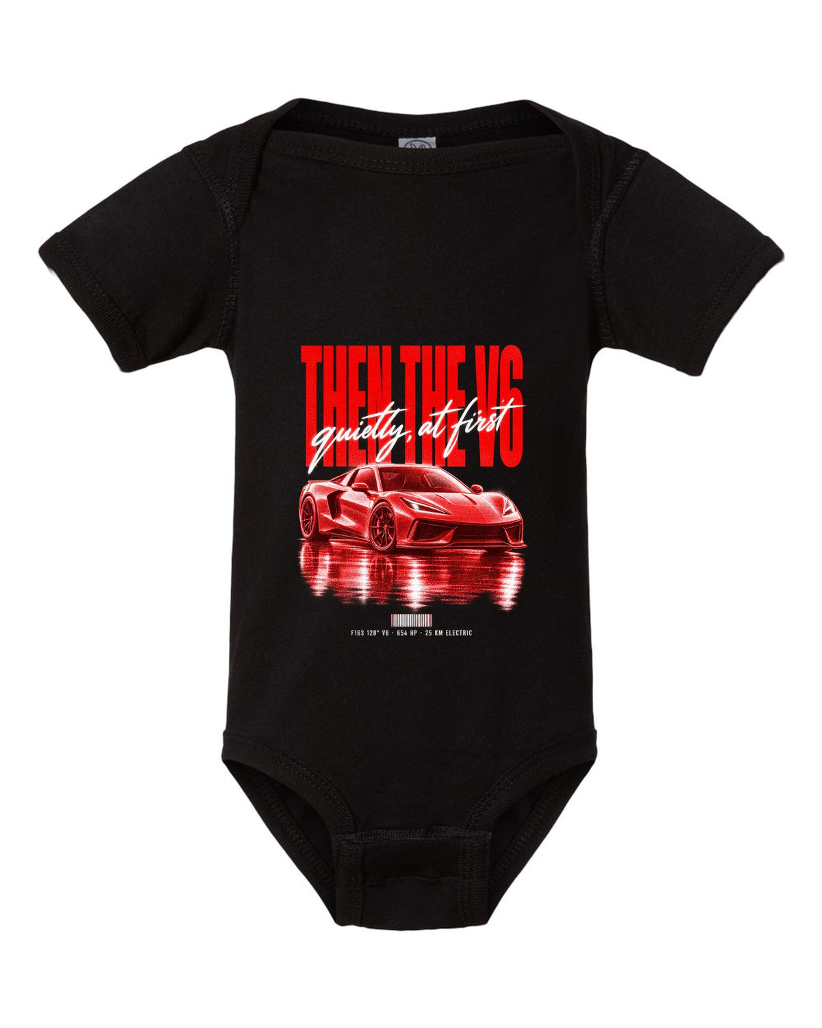 Ferrari 296 GTB 2022 street poster print, F163 120 degree V6, 654 HP, 25 km electric black baby onesie front view with the design