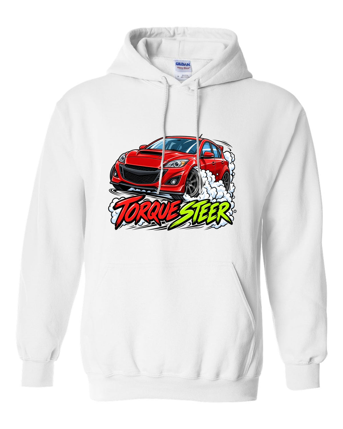 Double-exposure vector design of the Mazdaspeed Miata NB turbo with NB / 178 HP lettering white pull over hoodie front view with the design