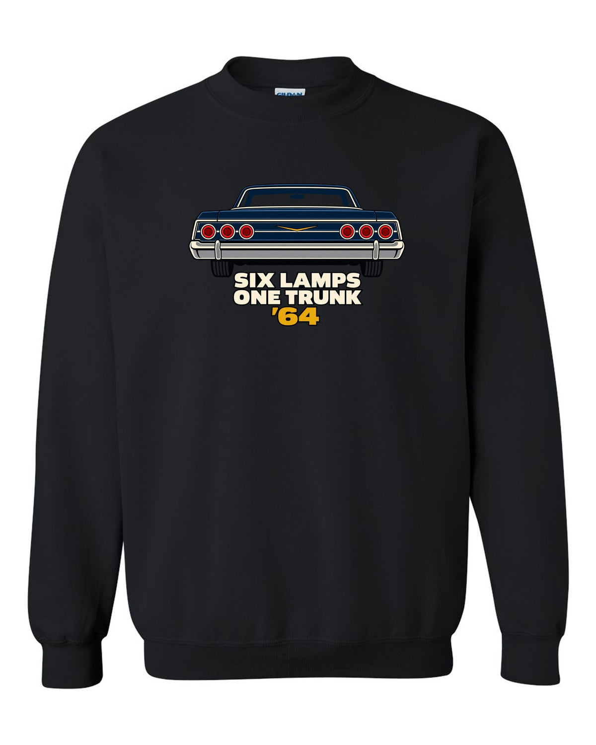 1964 Chevrolet Impala rear in minimal geometric vector style with text Six Lamps One Trunk '64 black crewneck front view with the design