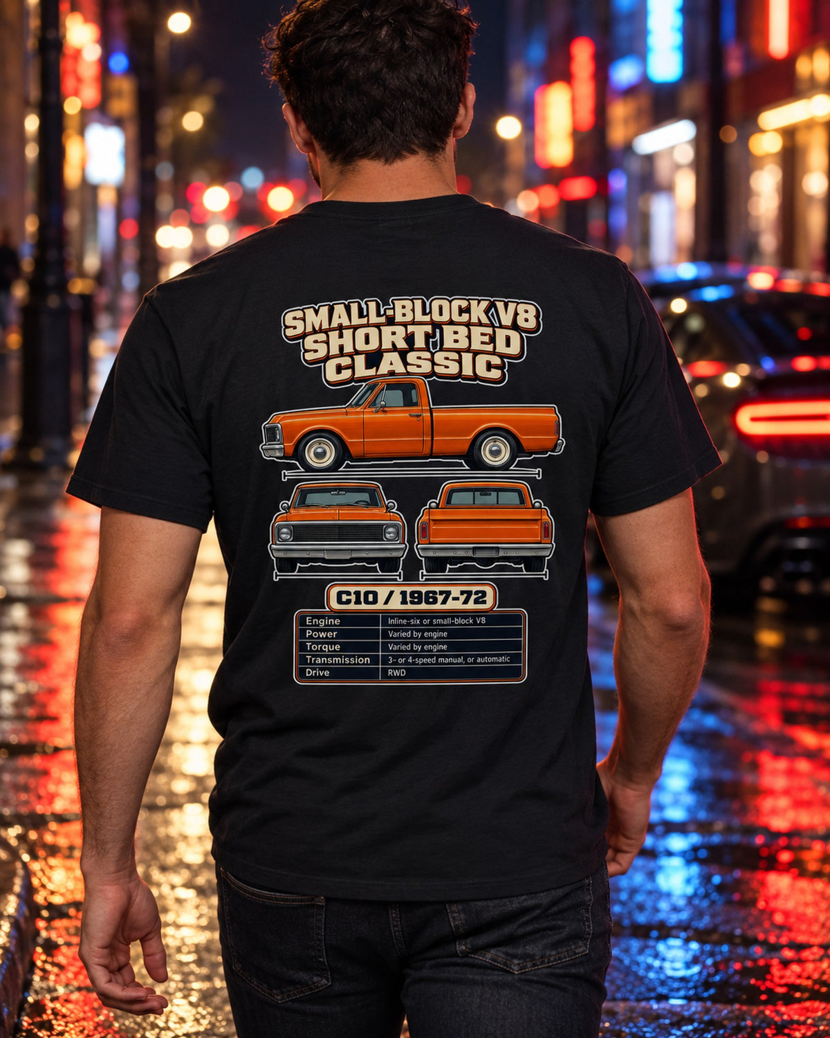 Chevrolet C10 Spec Sheet Full-Back Graphic Tee T-Shirt Black worn hero