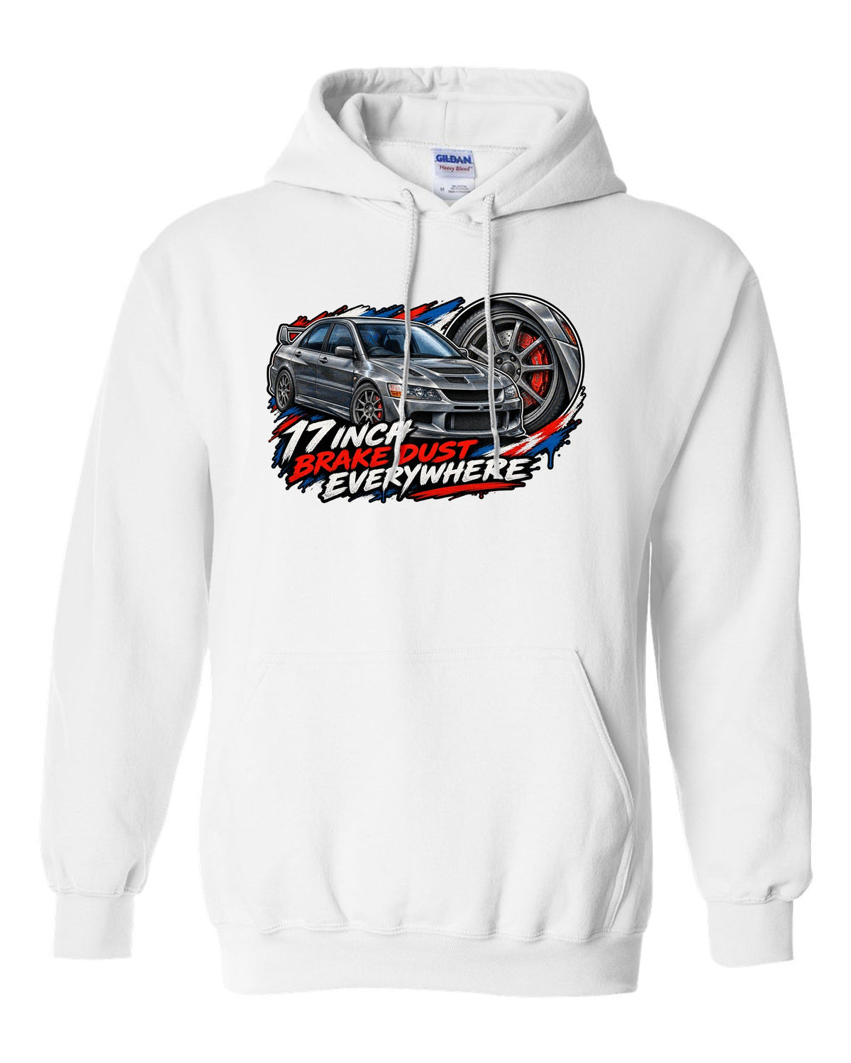 Painterly close-up of a grey spoke wheel on a Mitsubishi Evo VIII CT9A with 17 inch brake dust text white pull over hoodie front view with the design