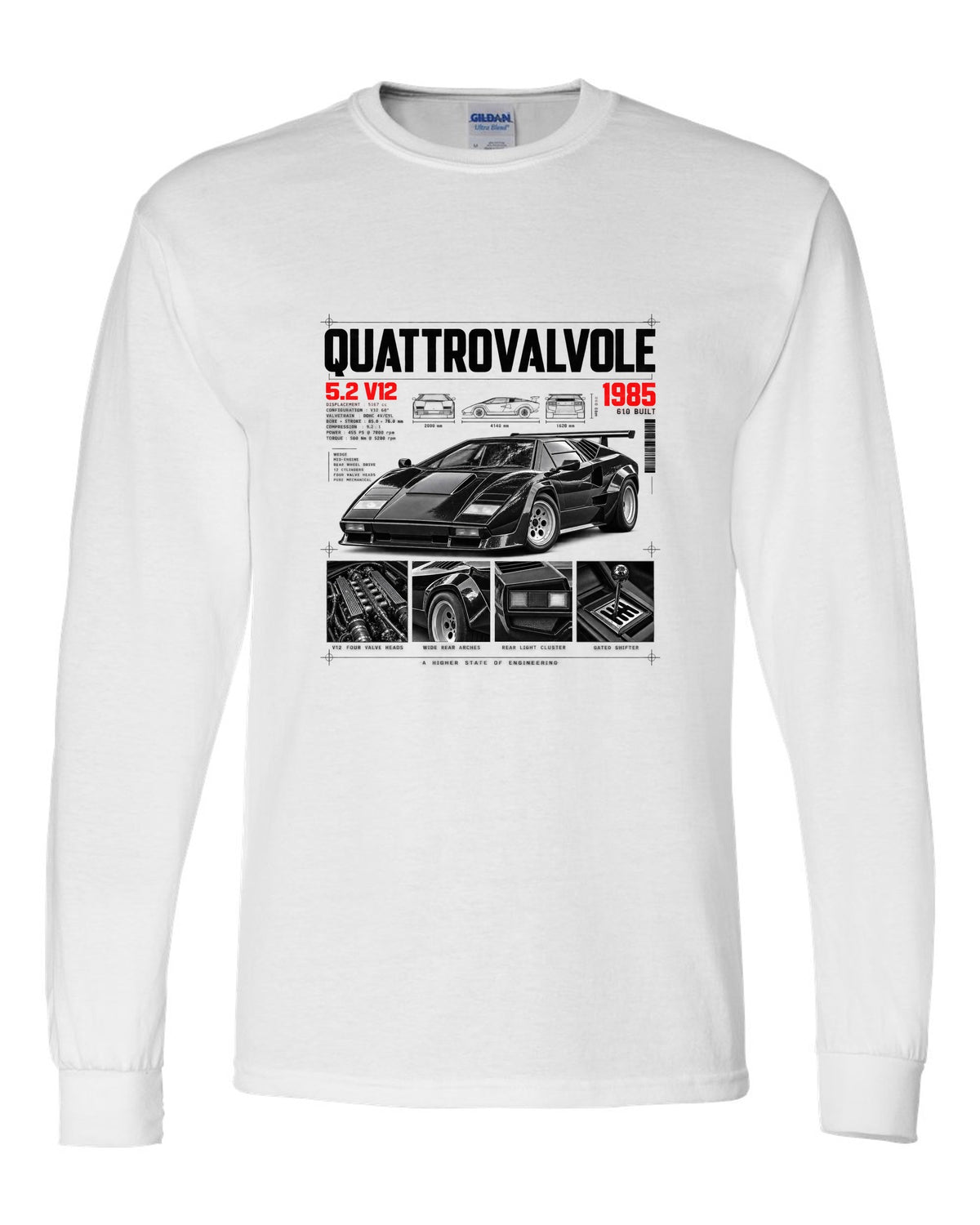 Dossier panel print of a Lamborghini Countach LP5000 QV with 5.2 V12 and 610 built text white long sleeve front view with the design