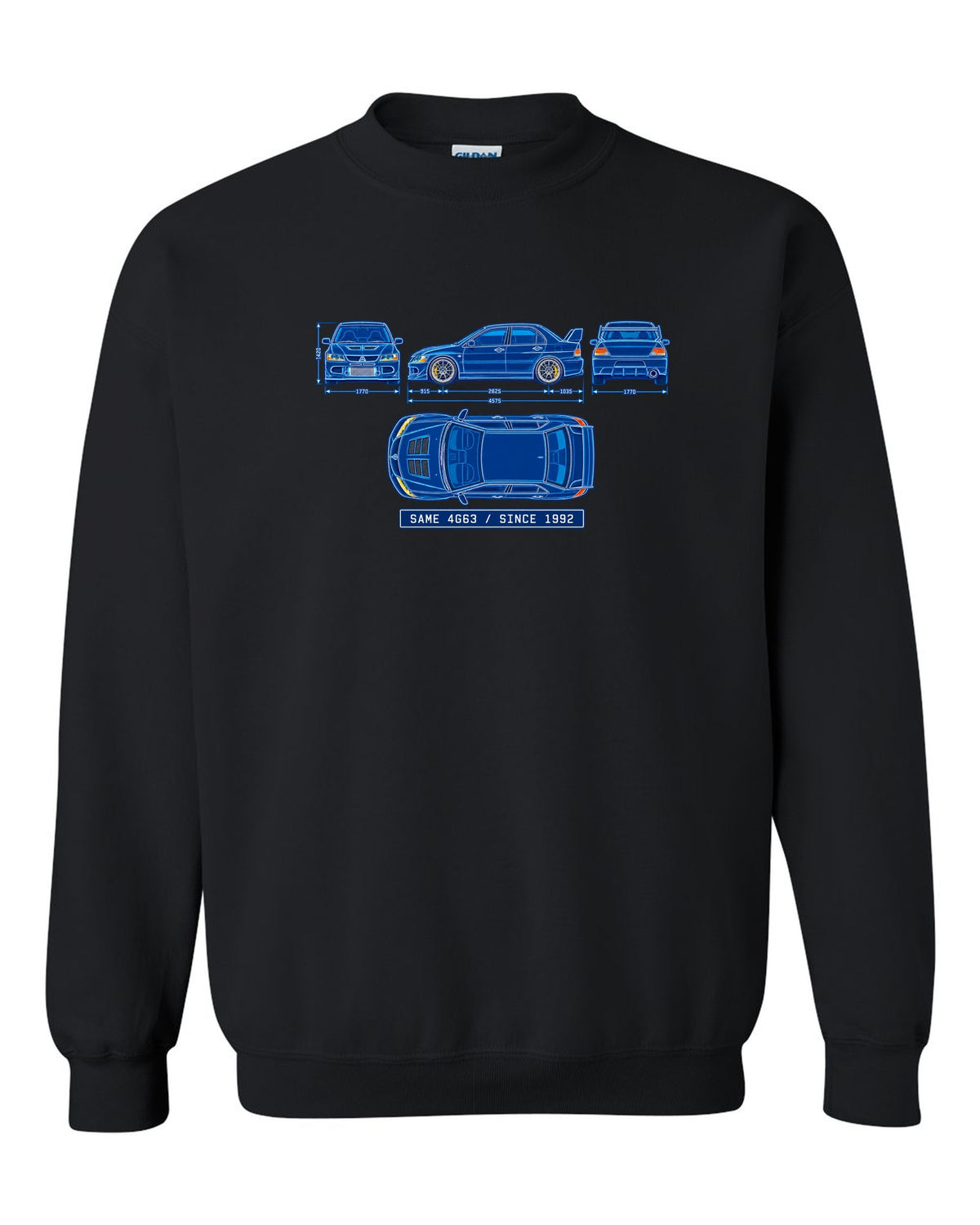 Embroidered patch style print of a boost gauge for the Mitsubishi Evo IX CT9A with boost gauge doesn't lie text black crewneck front view with the design