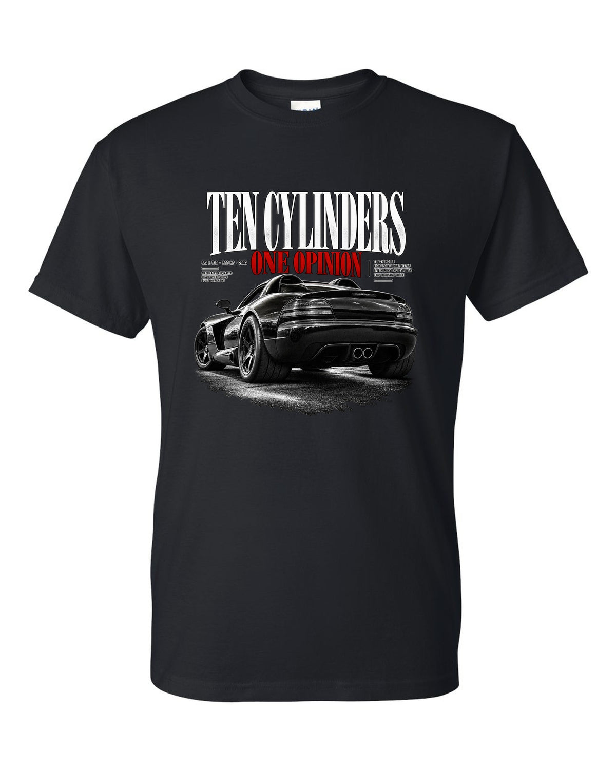 2003 Dodge Viper SRT-10 ZB I rear three-quarter editorial headline print black t-shirt front view with the design