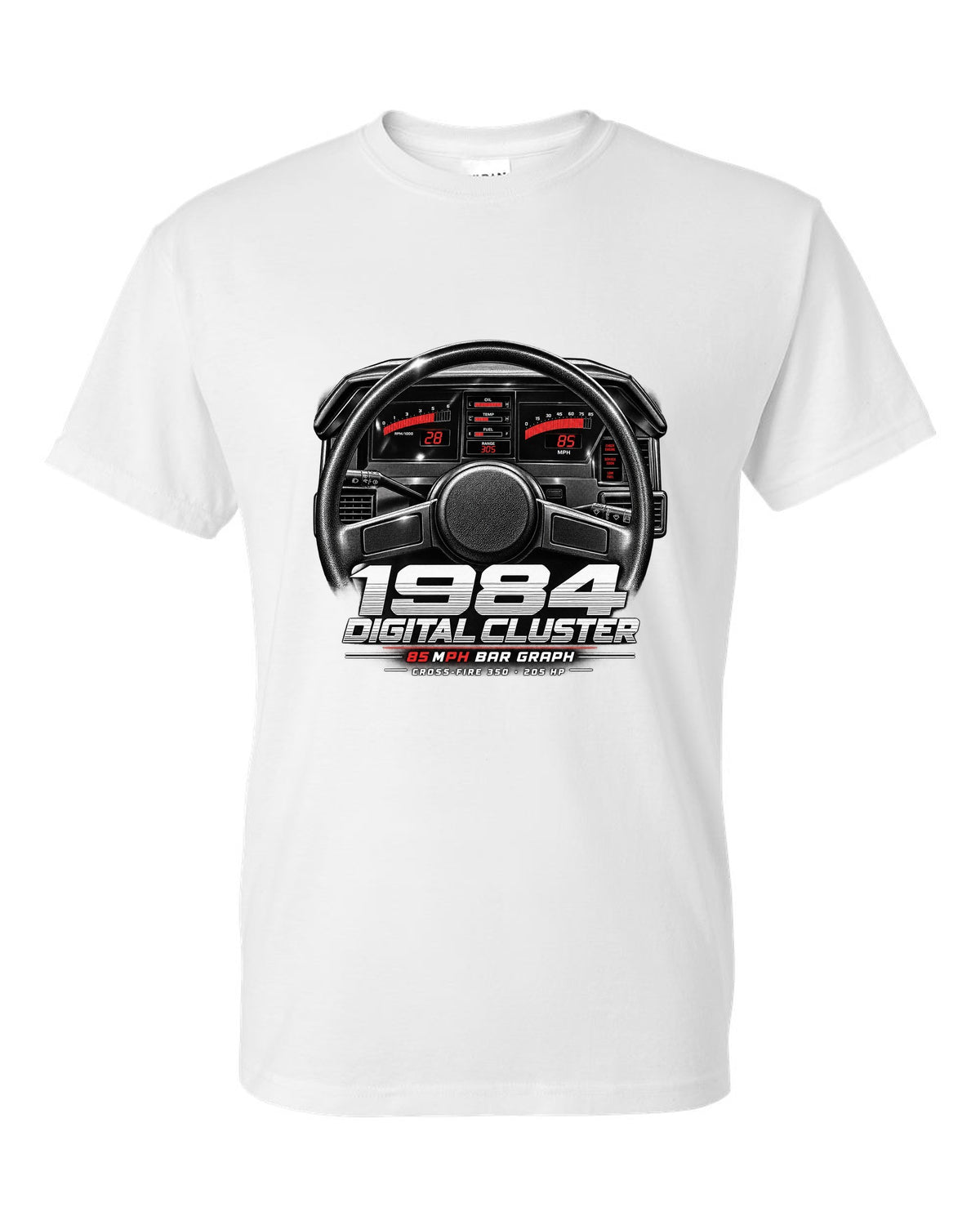 Chevrolet Corvette C4 1984 digital dash cluster cockpit print white t-shirt front view with the design