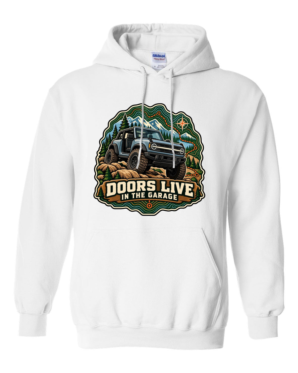 Ford Bronco U725 two-door on a topographic trail route map print white pull over hoodie front view with the design