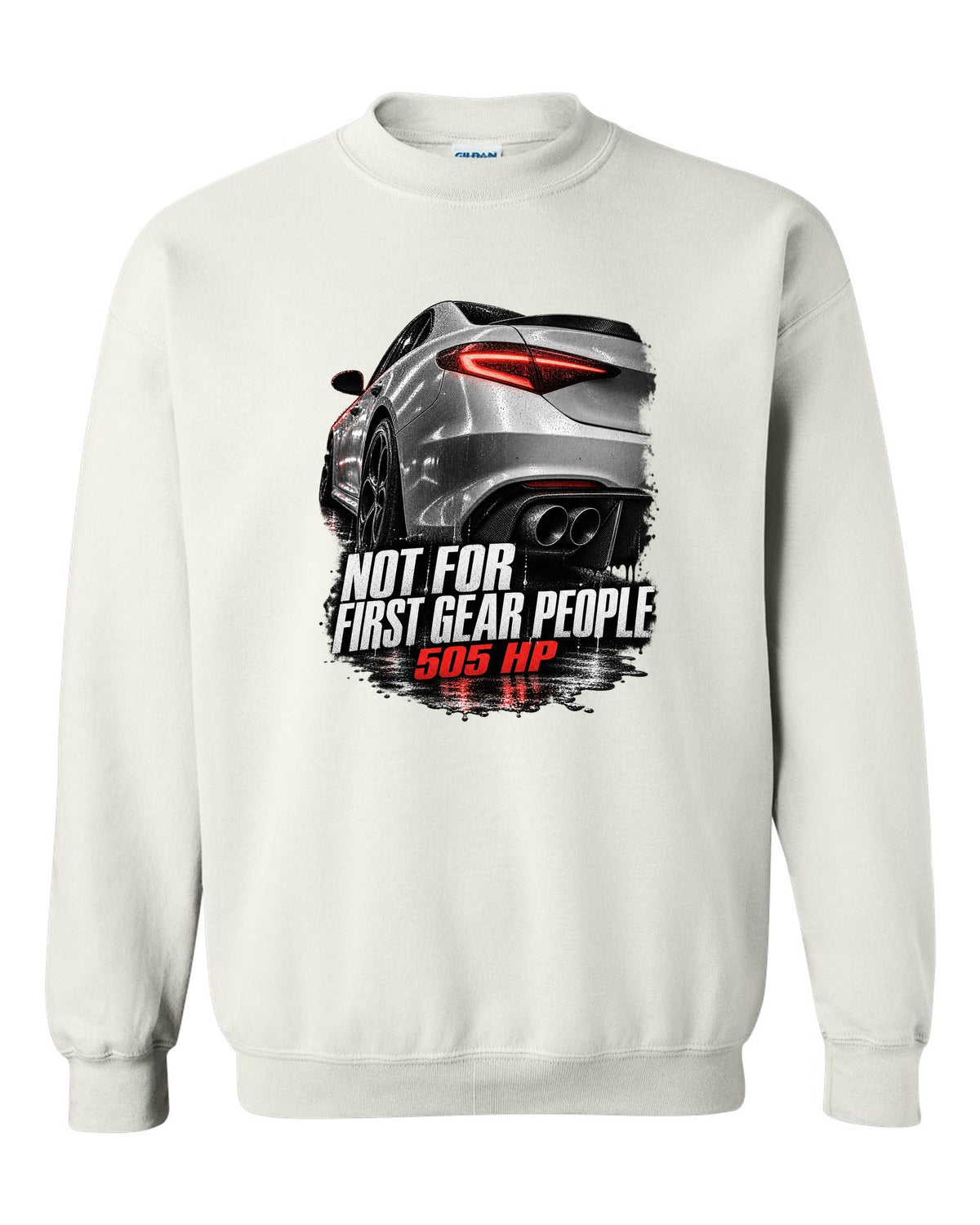 Taillight macro print of an Alfa Romeo Giulia Quadrifoglio with 505 HP text white crewneck front view with the design