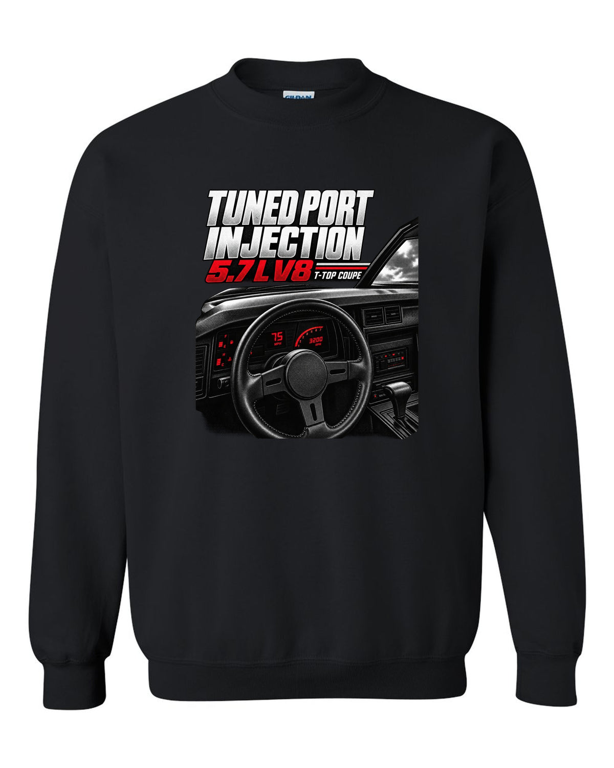 Cockpit and gauge cluster print of a 1988 Chevrolet Camaro IROC-Z with 5.7 L V8 text black crewneck front view with the design