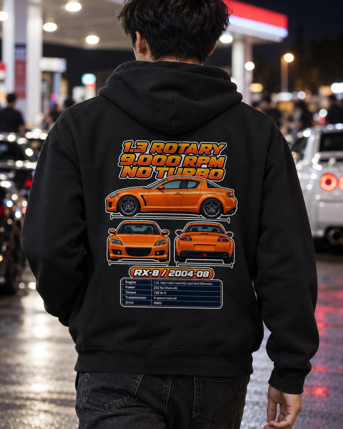 Mazda RX 8 Spec Sheet Full-Back Graphic Tee Zip Hoodie Black worn hero