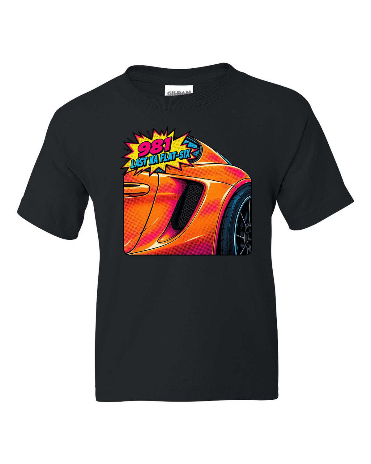 Pop-art halftone print of a Porsche 981 Cayman GTS intake with the text 981, last NA flat-six black kids tee front view with the design