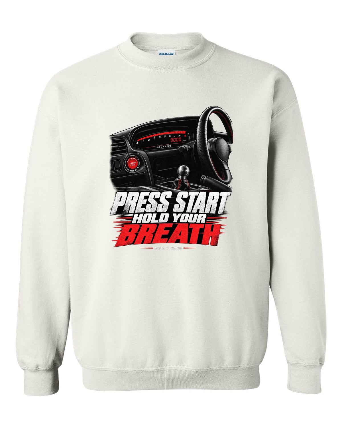 Honda S2000 AP1 roadster cockpit gauge design with press start text white crewneck front view with the design