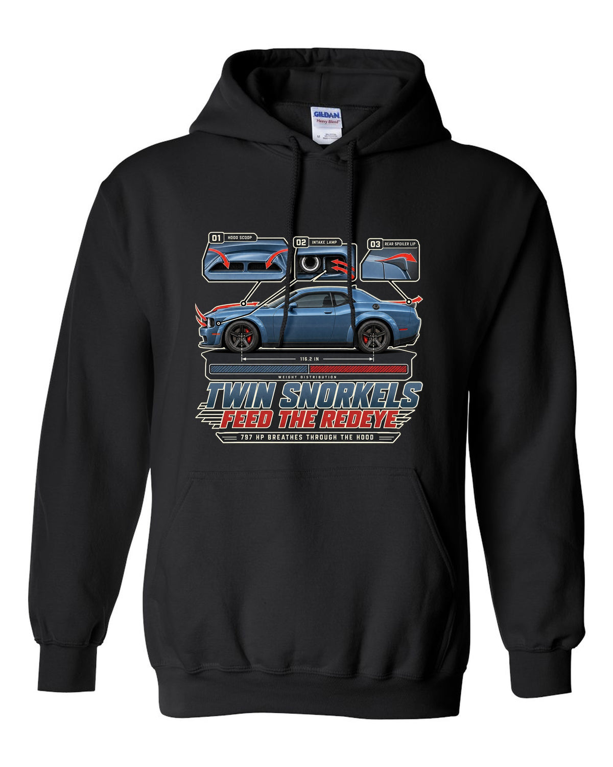 Dodge Challenger Hellcat Redeye Widebody aero callouts showing twin hood snorkels black pull over hoodie front view with the design