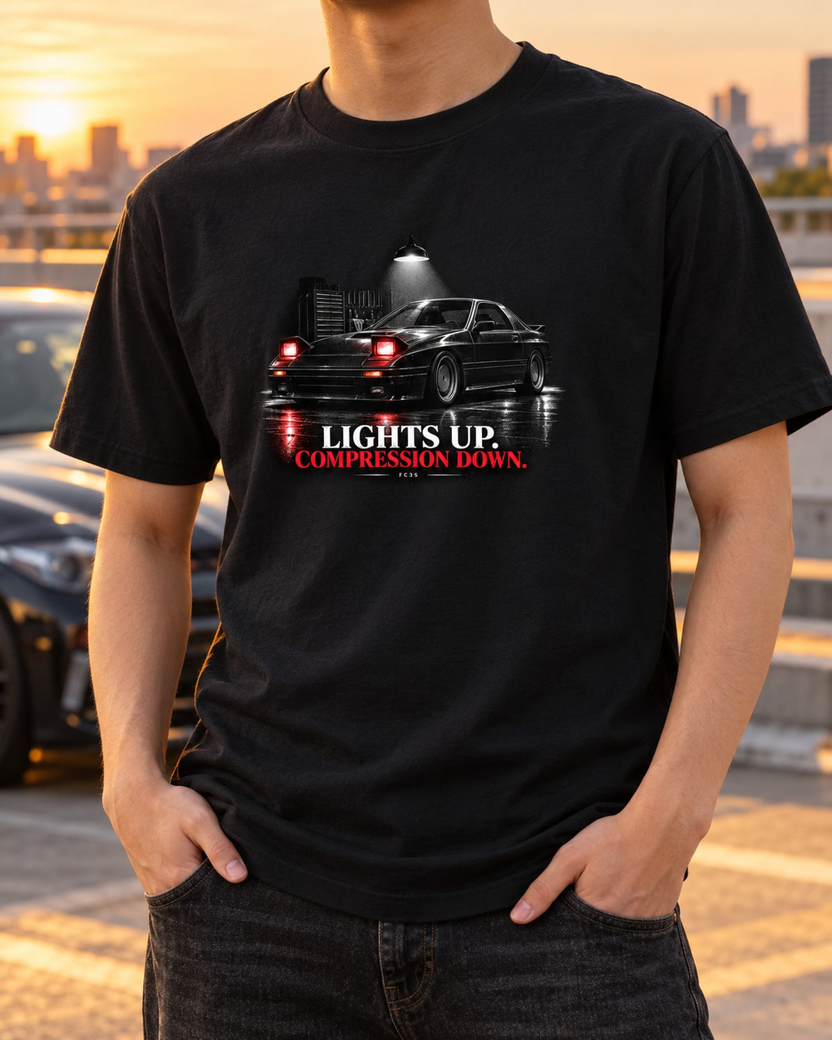RX-7 FC3S Turbo II Garage Night Tee, Lights Up Compression Down T-Shirt Black worn hero