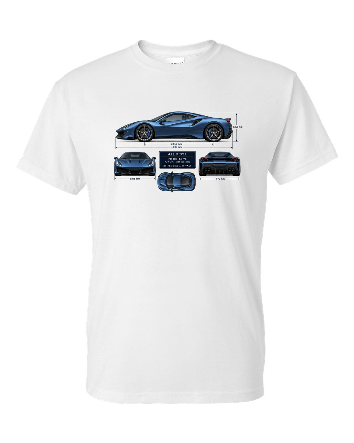 Blueprint print of the Ferrari 488 Pista in steel blue white t-shirt front view with the design