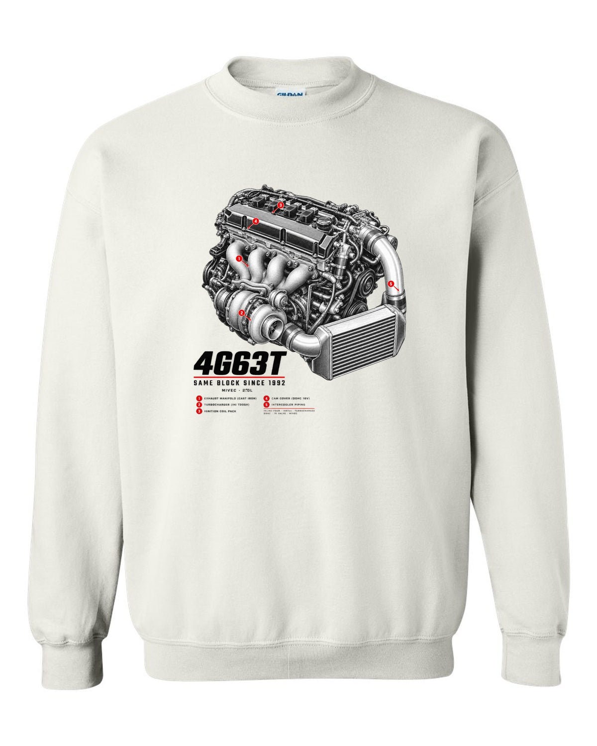 Engine hero print for the Mitsubishi Lancer Evolution IX MR CT9A reading 4G63T, MIVEC, 2.0L, same block since 1992 white crewneck front view with the design