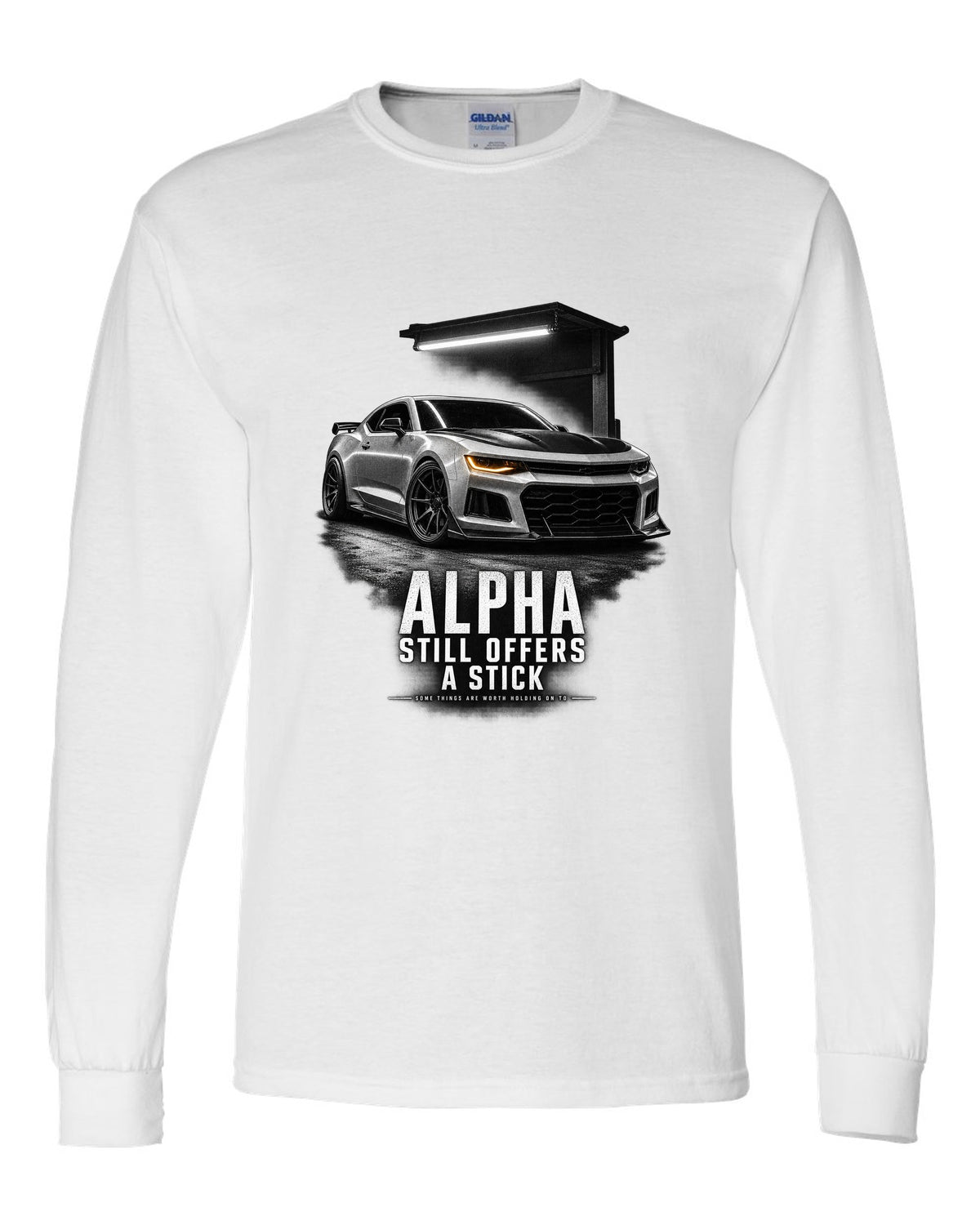 Garage-night print of a 2018 Chevrolet Camaro SS 1LE sixth-gen front three-quarter with Alpha text white long sleeve front view with the design