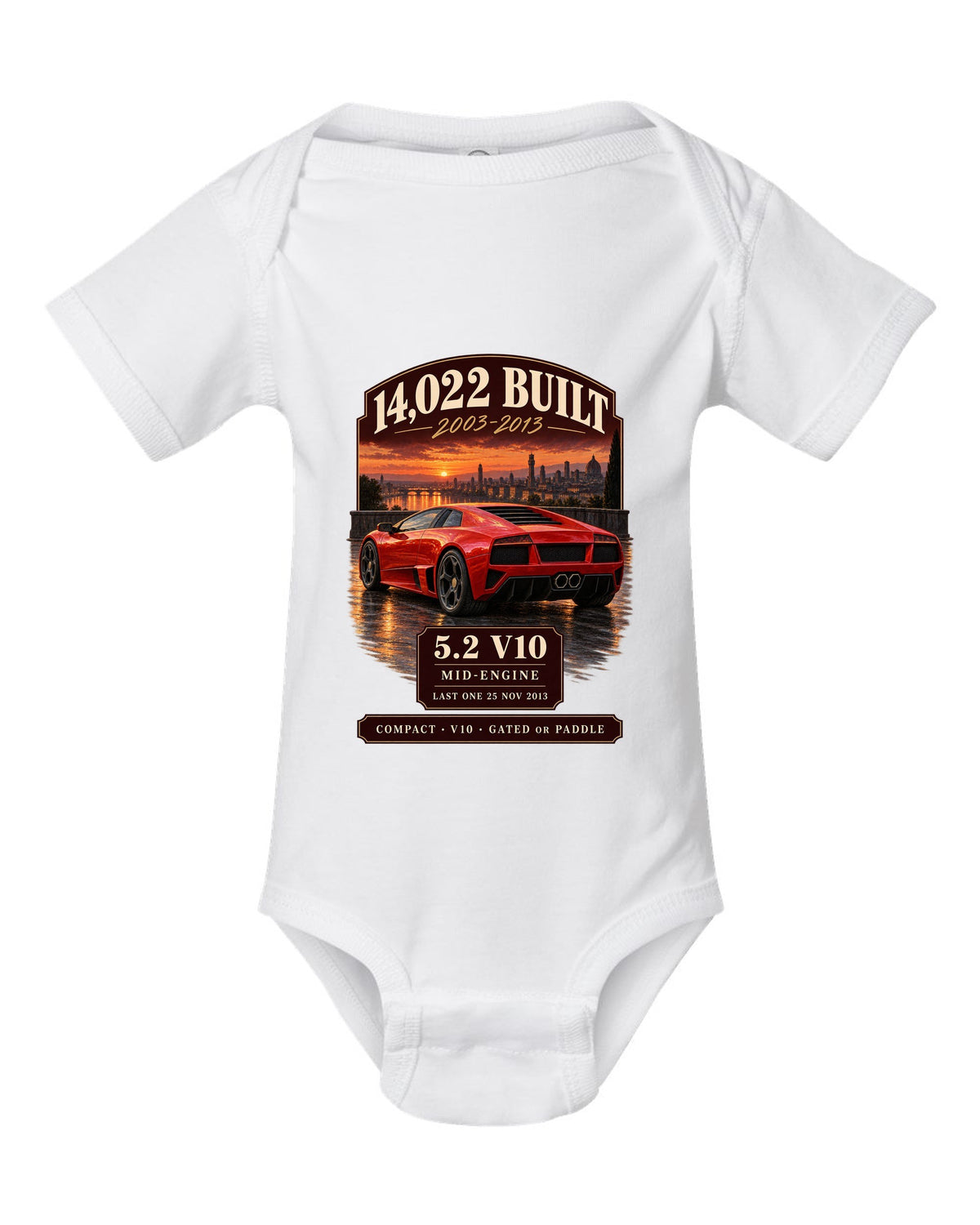 Archive panel print of a Lamborghini Gallardo LP570-4 with 14,022 built and 5.2 V10 text white baby onesie front view with the design