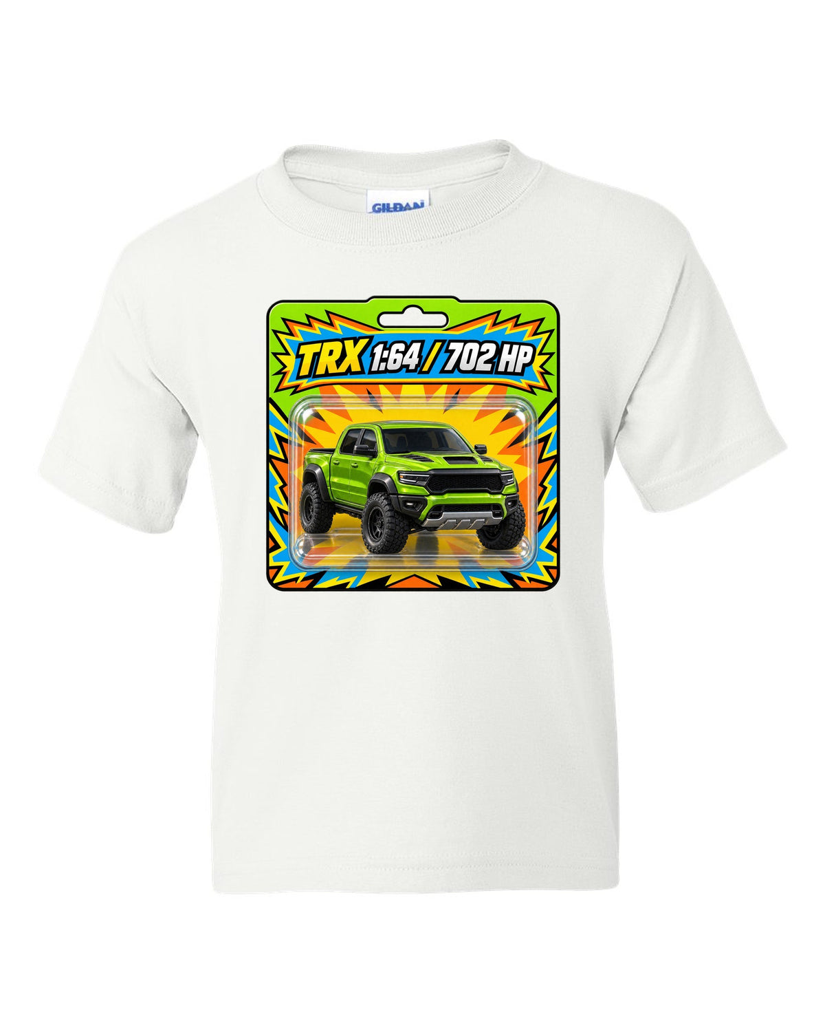 print of a 1:64 toy blister card featuring the Ram 1500 TRX with 702 HP white kids tee front view with the design