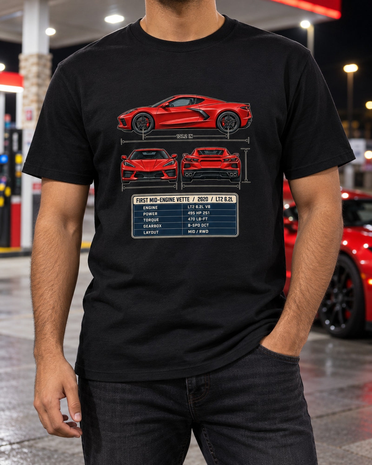 Chevrolet Corvette C8 Stingray Three-View Spec Table Tee T-Shirt Black worn hero