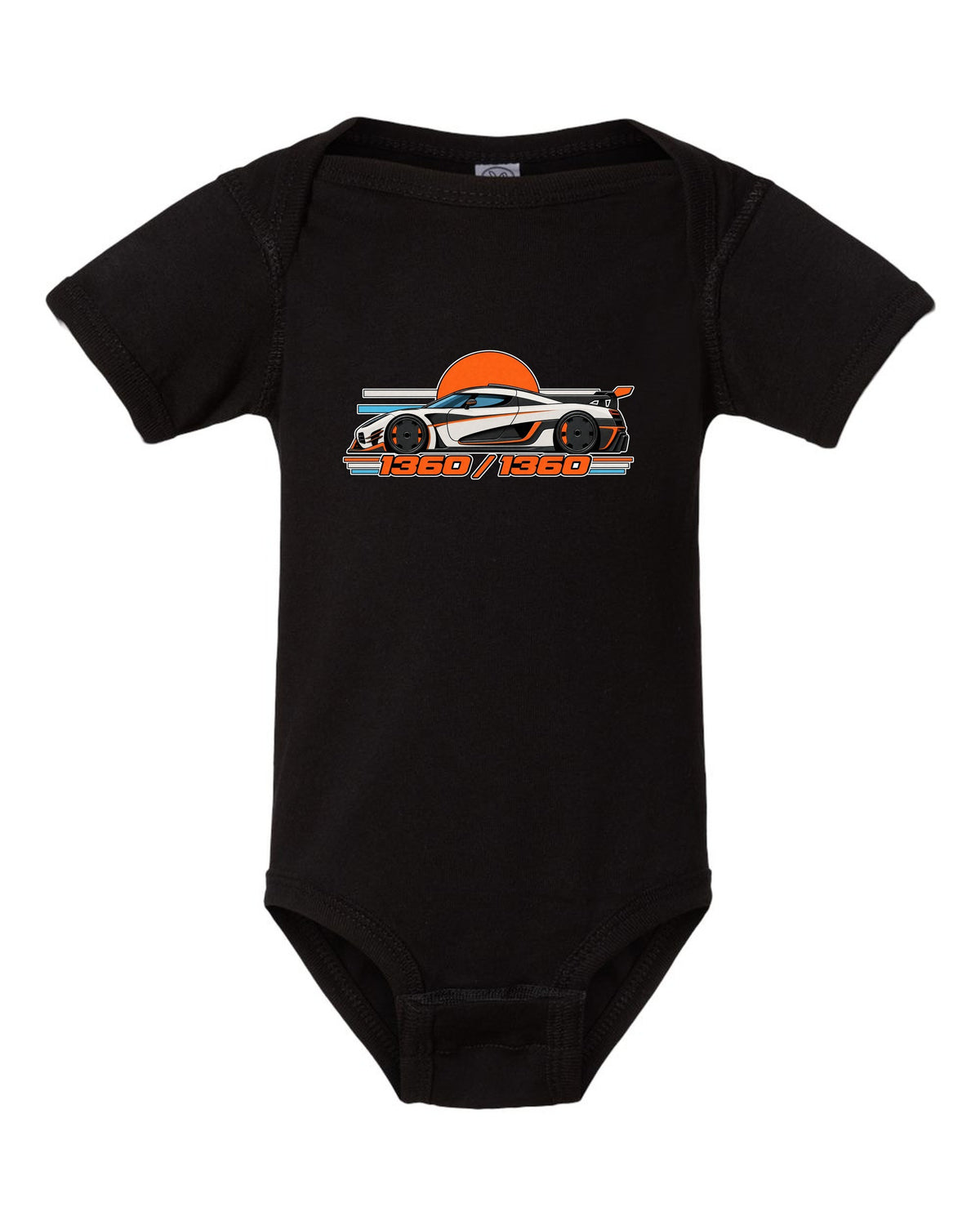 Minimal Swiss grid print for the Koenigsegg One:1 with 1360 over 1360 lettering black baby onesie front view with the design