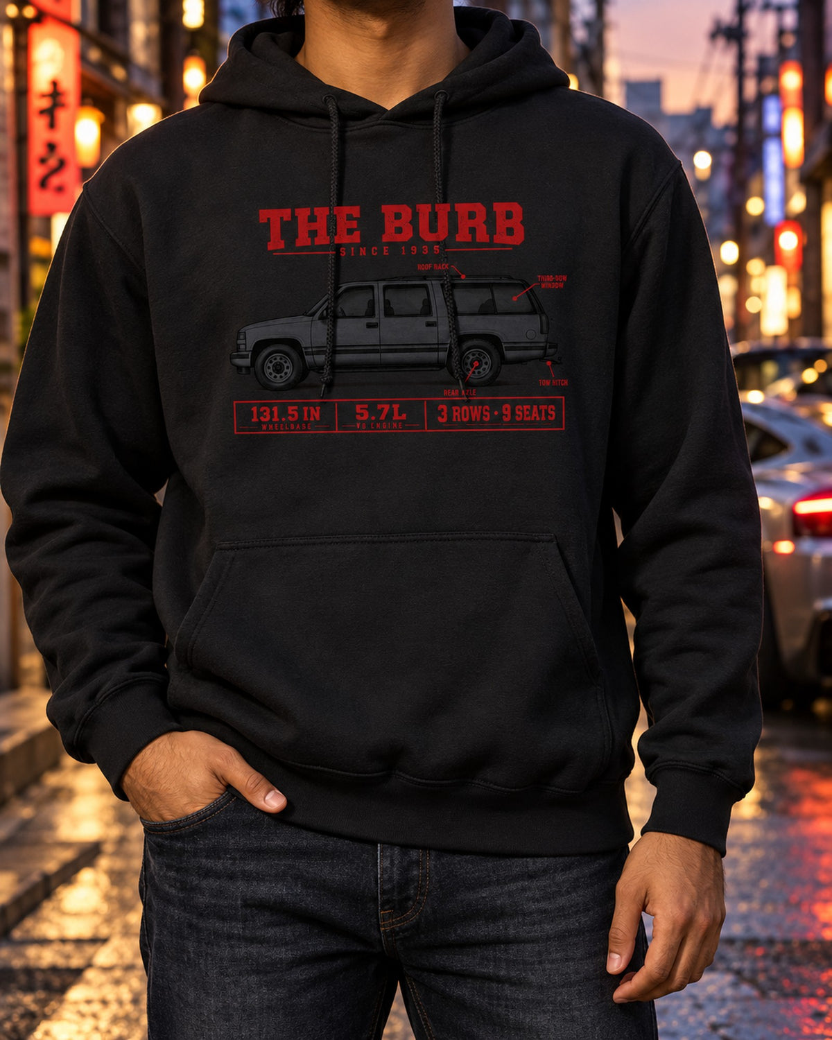 Chevy Suburban GMT400 Spec Poster Shirt, 131.5 in Wheelbase Pull Over Hoodie Black worn hero