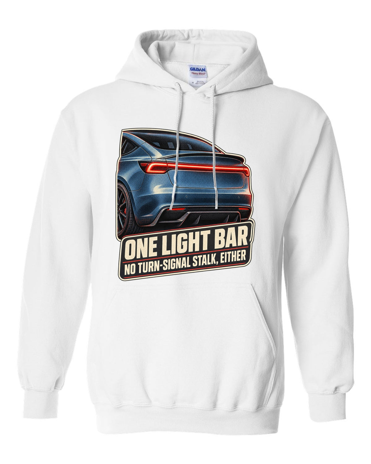 Rear taillight macro print of a Tesla Model 3 Performance Highland with a light bar white pull over hoodie front view with the design