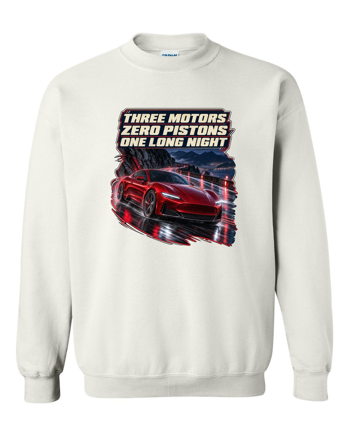 Maserati GranTurismo Folgore night street print white crewneck front view with the design