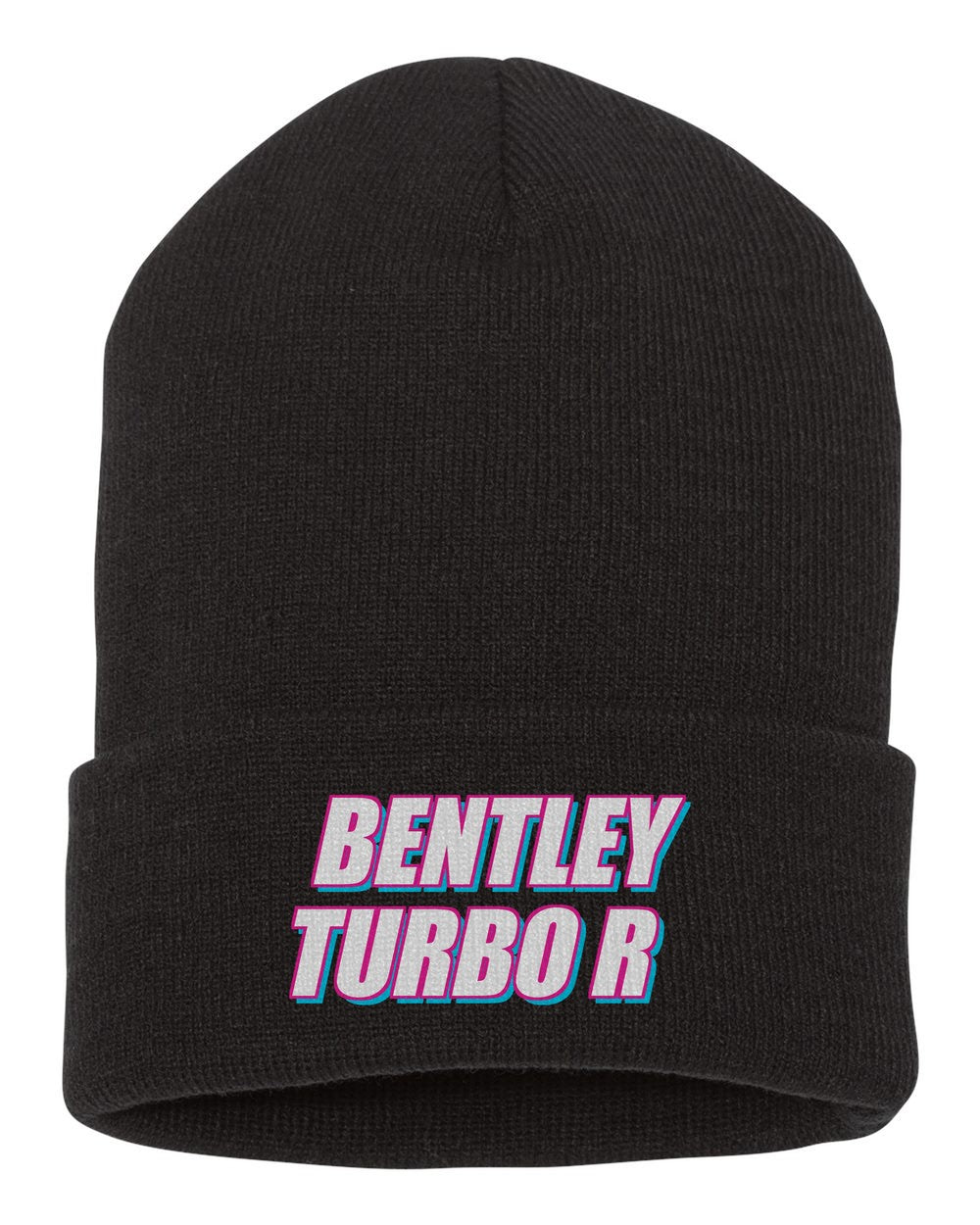 Bentley Turbo R black beanie front view with car name