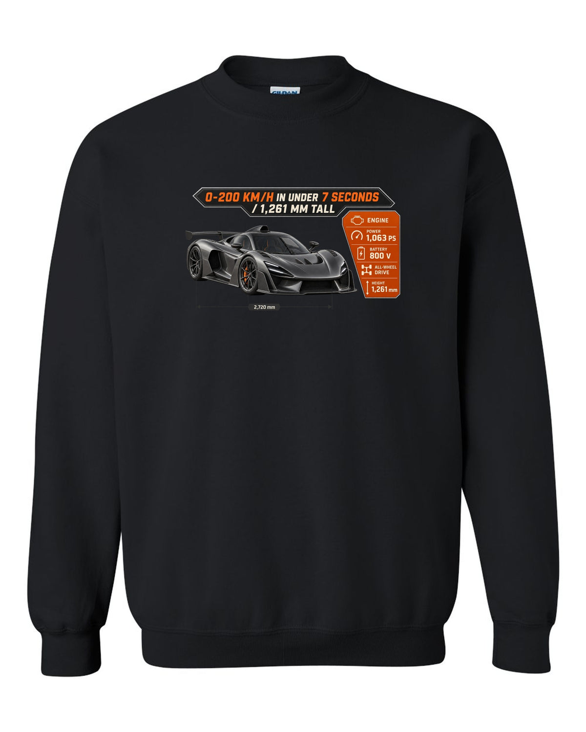 Mercedes-AMG One spec poster design with acceleration and height figures black crewneck front view with the design