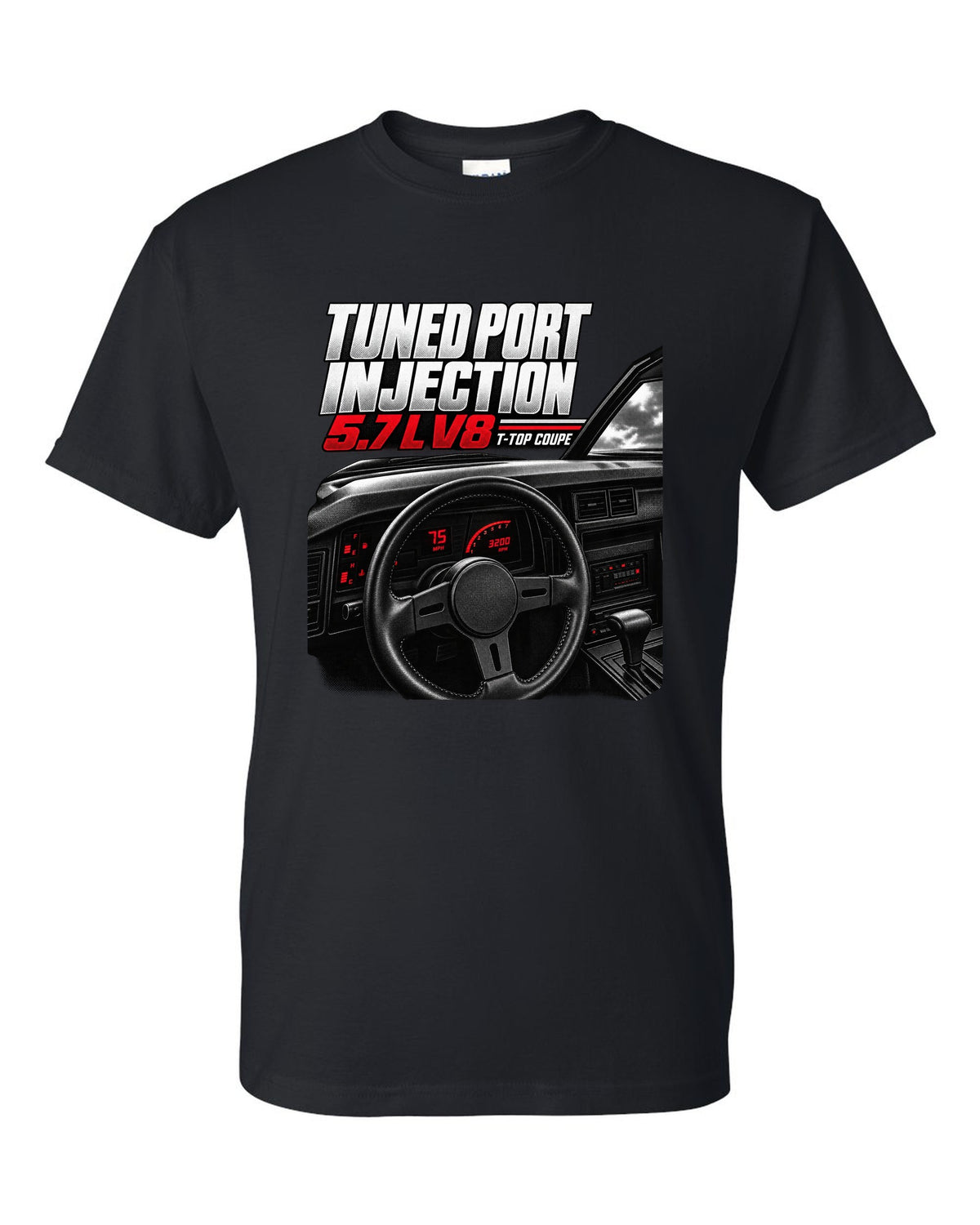 Cockpit and gauge cluster print of a 1988 Chevrolet Camaro IROC-Z with 5.7 L V8 text black t-shirt front view with the design