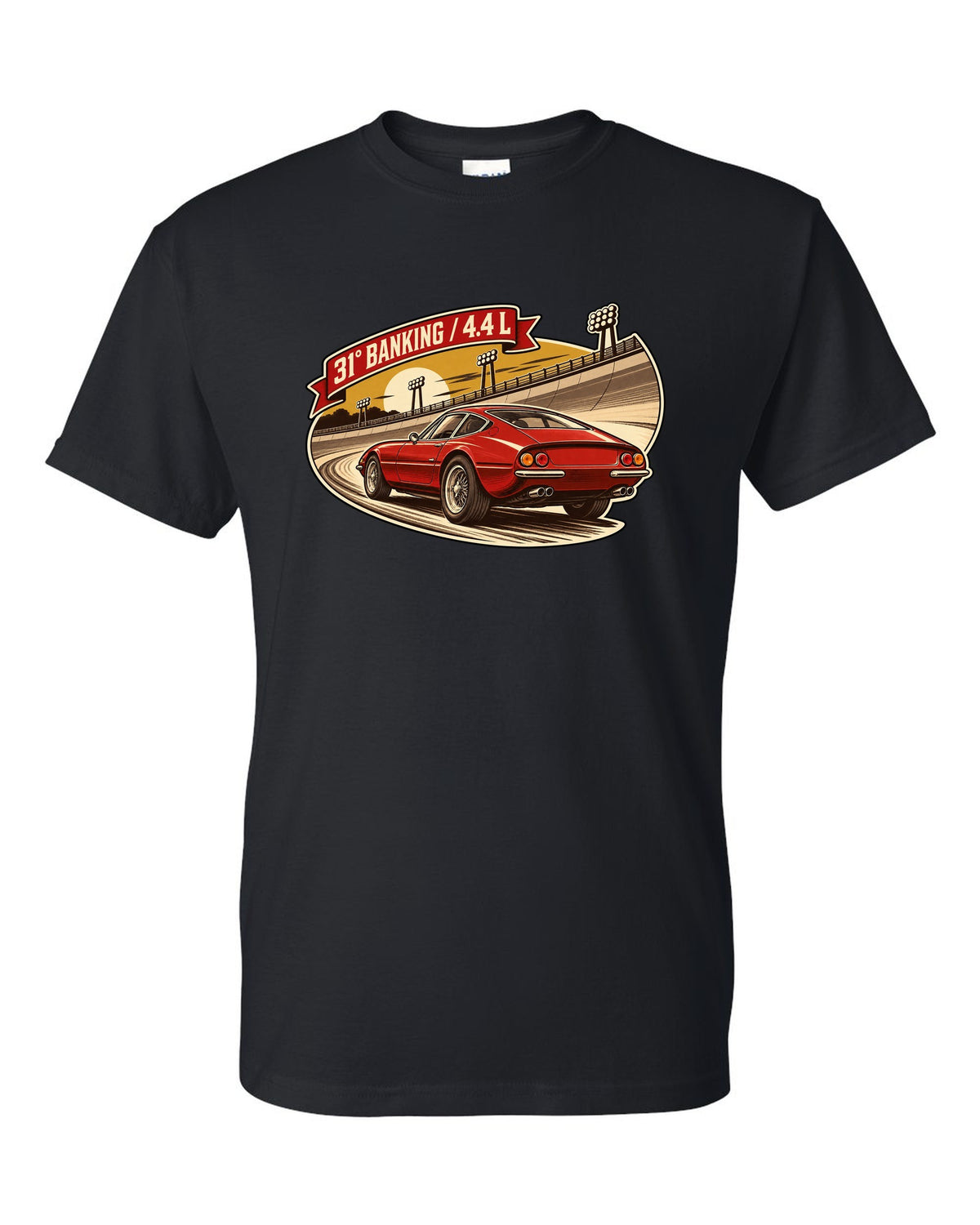 Sepia retro race-programme illustration of three Ferrari 365 GTB/4 Daytonas on banking black t-shirt front view with the design