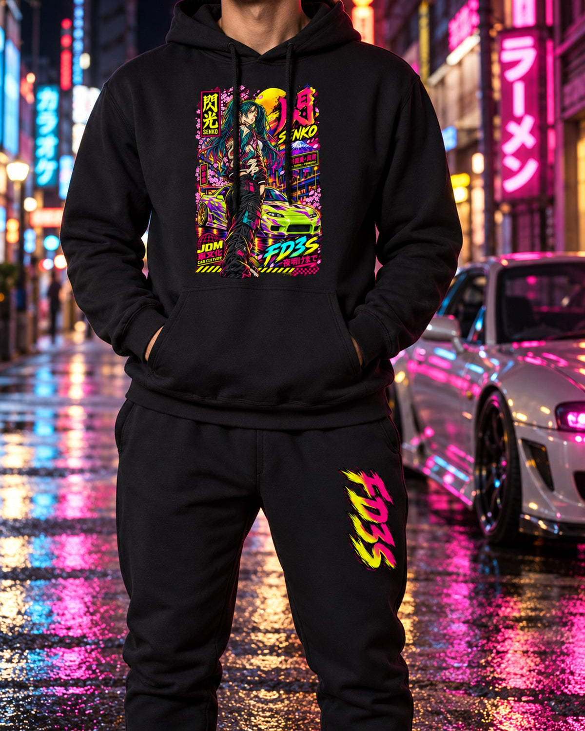 Girl Senko FD3S Anime Girl Poster Hoodie + Jogger Set Black worn hero