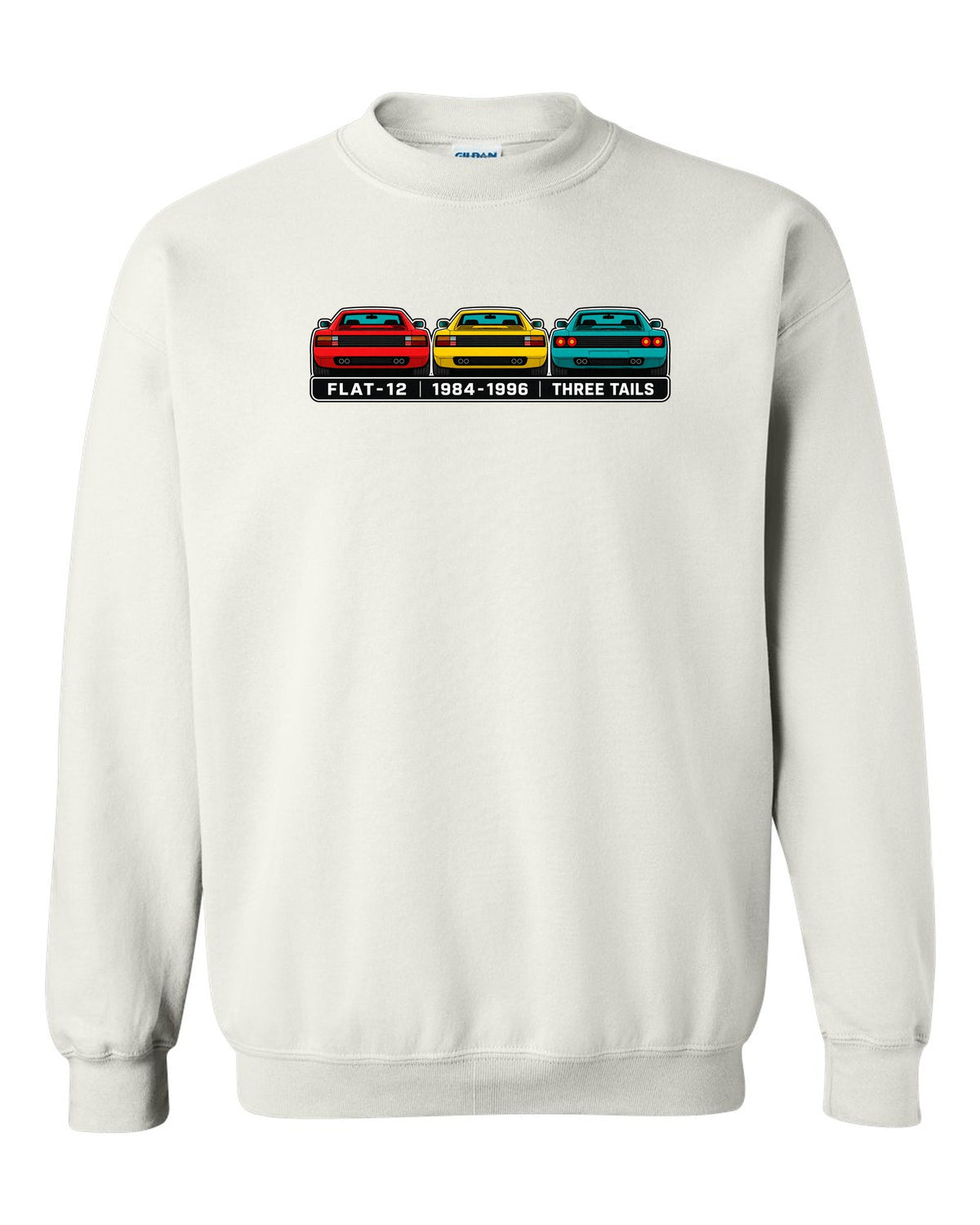 Flat colour infographic of Ferrari Testarossa, 512 TR and F512 M tail ends white crewneck front view with the design