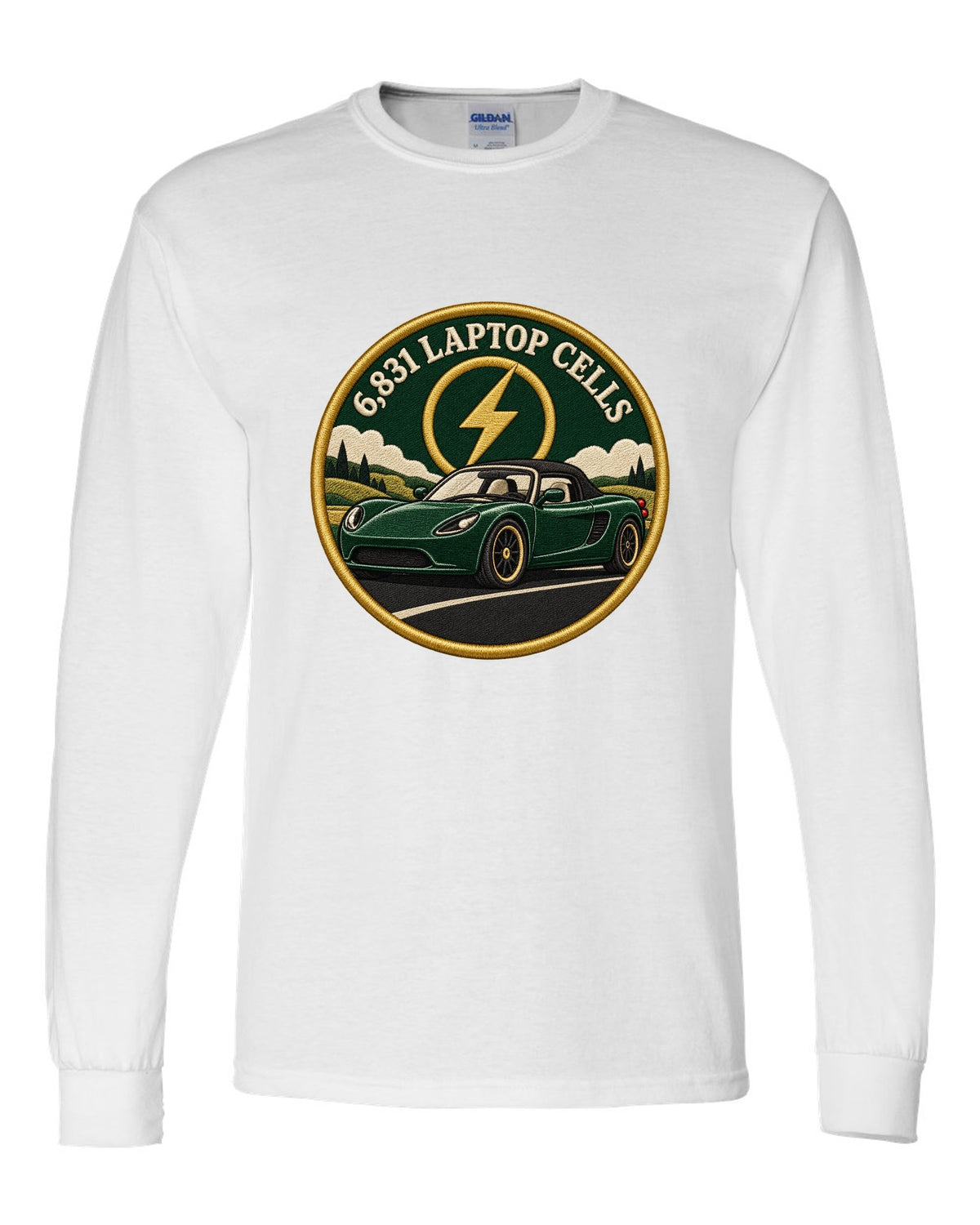 Round crest print of a Tesla Roadster Gen 1 reading 6,831 Laptop Cells white long sleeve front view with the design