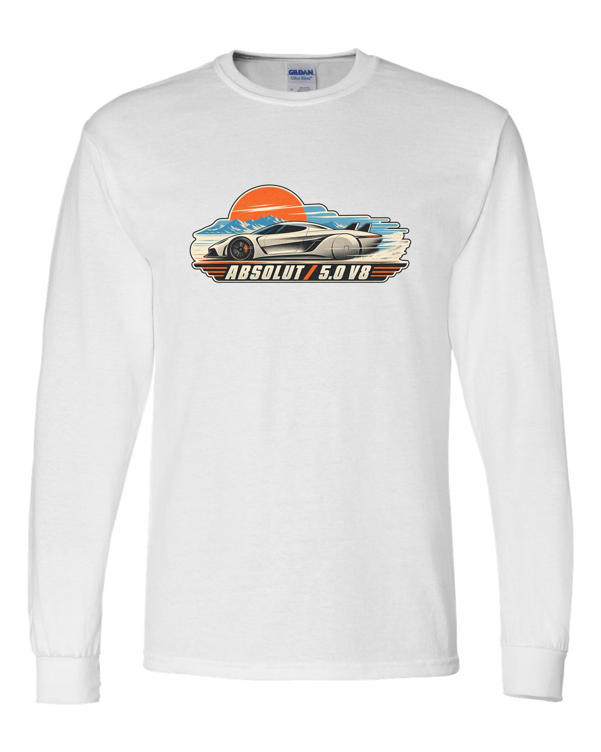 Vintage race poster illustration of the Koenigsegg Jesko Absolut with ABSOLUT 5.0 V8 lettering white long sleeve front view with the design