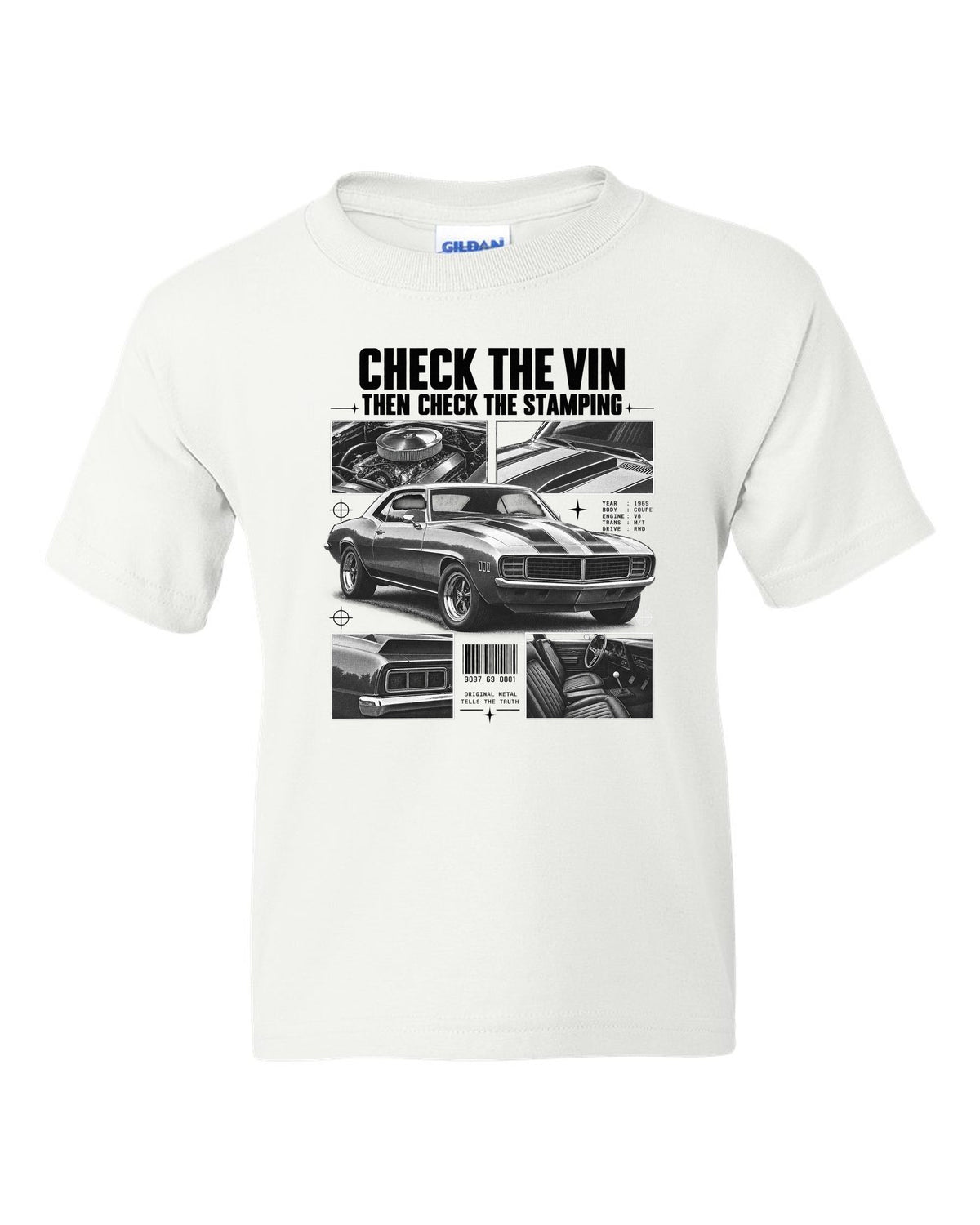 Dossier-panel print of a 1969 Chevrolet Camaro with check the VIN and stamping text white kids tee front view with the design