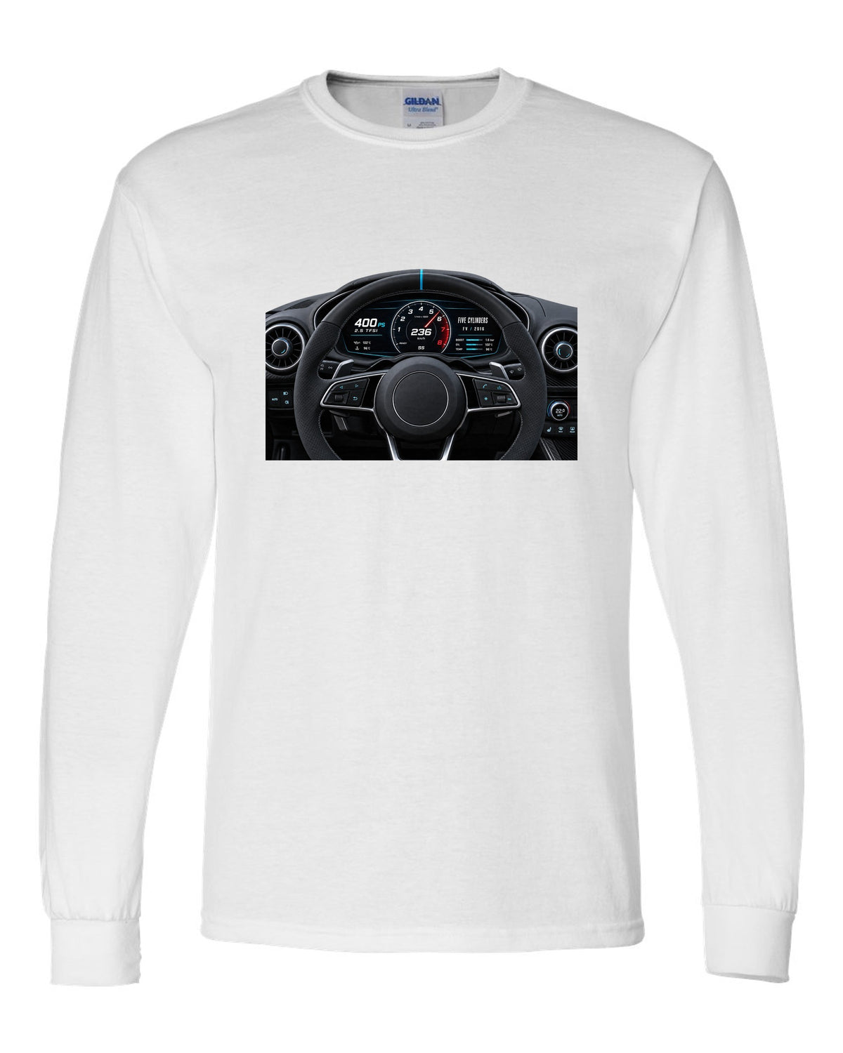 Audi TT RS FV virtual cockpit instrument cluster with 2.5 TFSI 400 PS text white long sleeve front view with the design