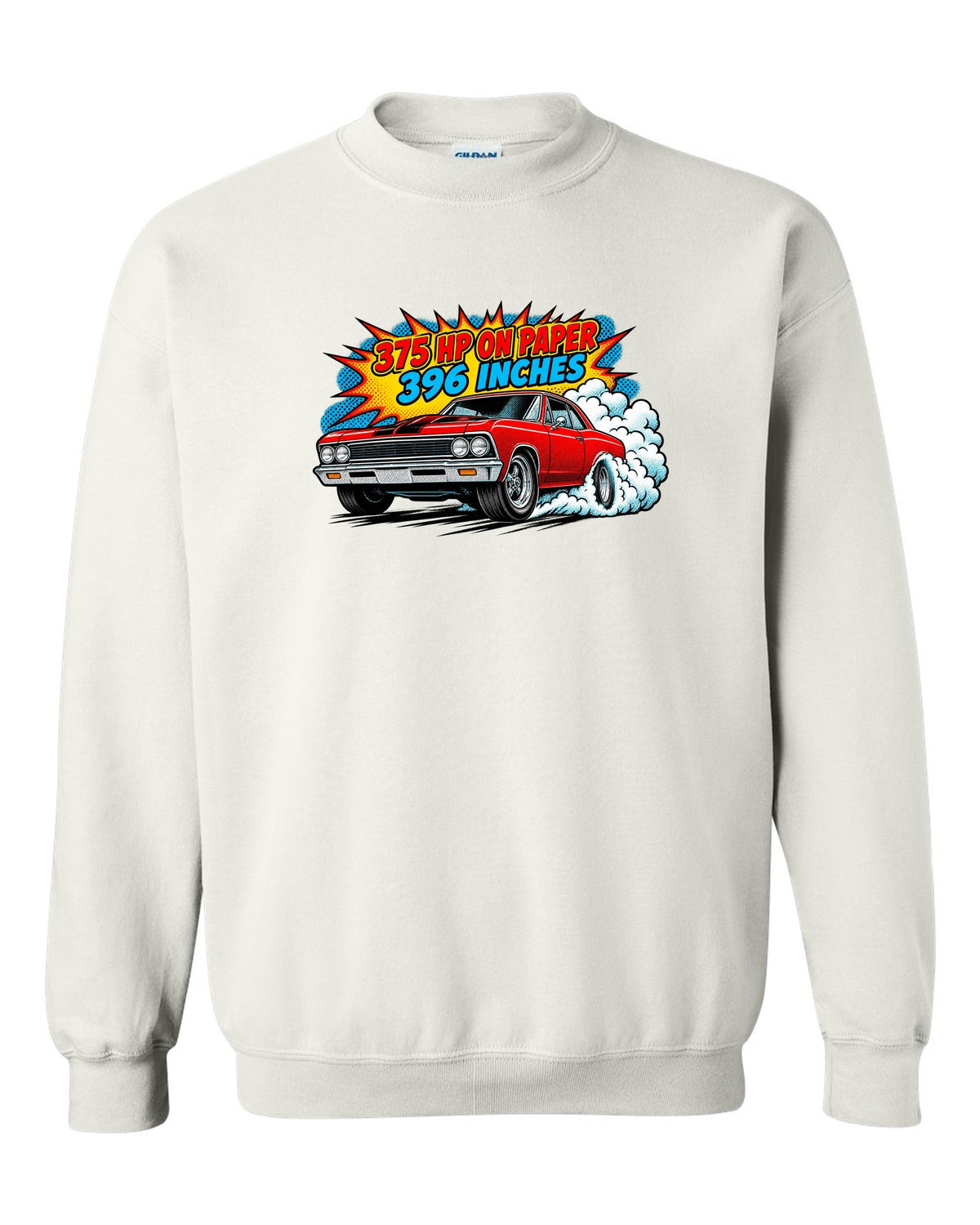 Comic halftone print of a 1966 Chevelle Malibu SS burnout with the text 375 HP on paper, 396 inches white crewneck front view with the design