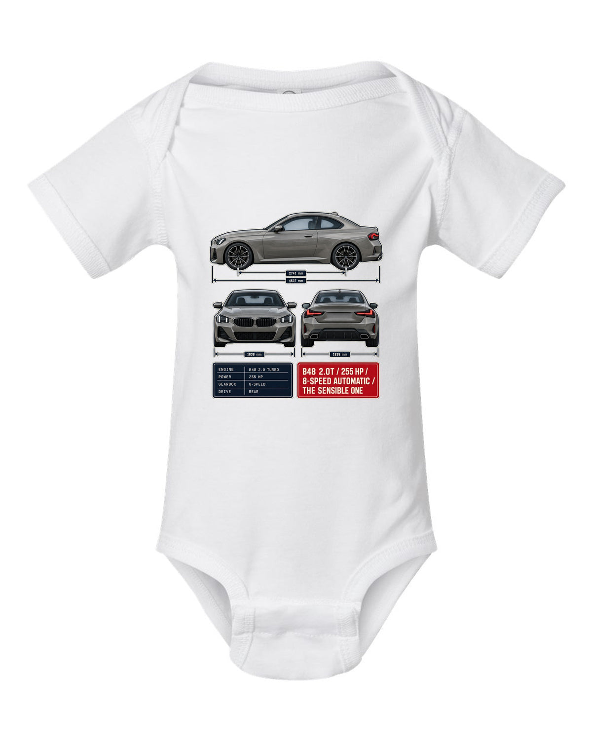 BMW 230i G42 coupe three-view drawing with spec table print white baby onesie front view with the design