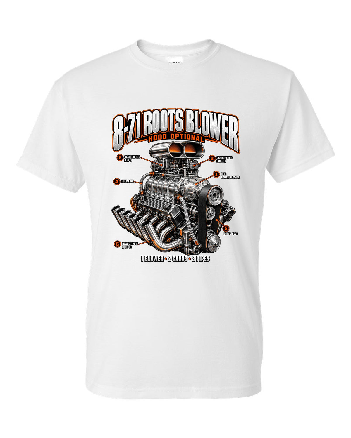 Engine callout print of a blown small-block V8 with 8-71 Roots blower white t-shirt front view with the design