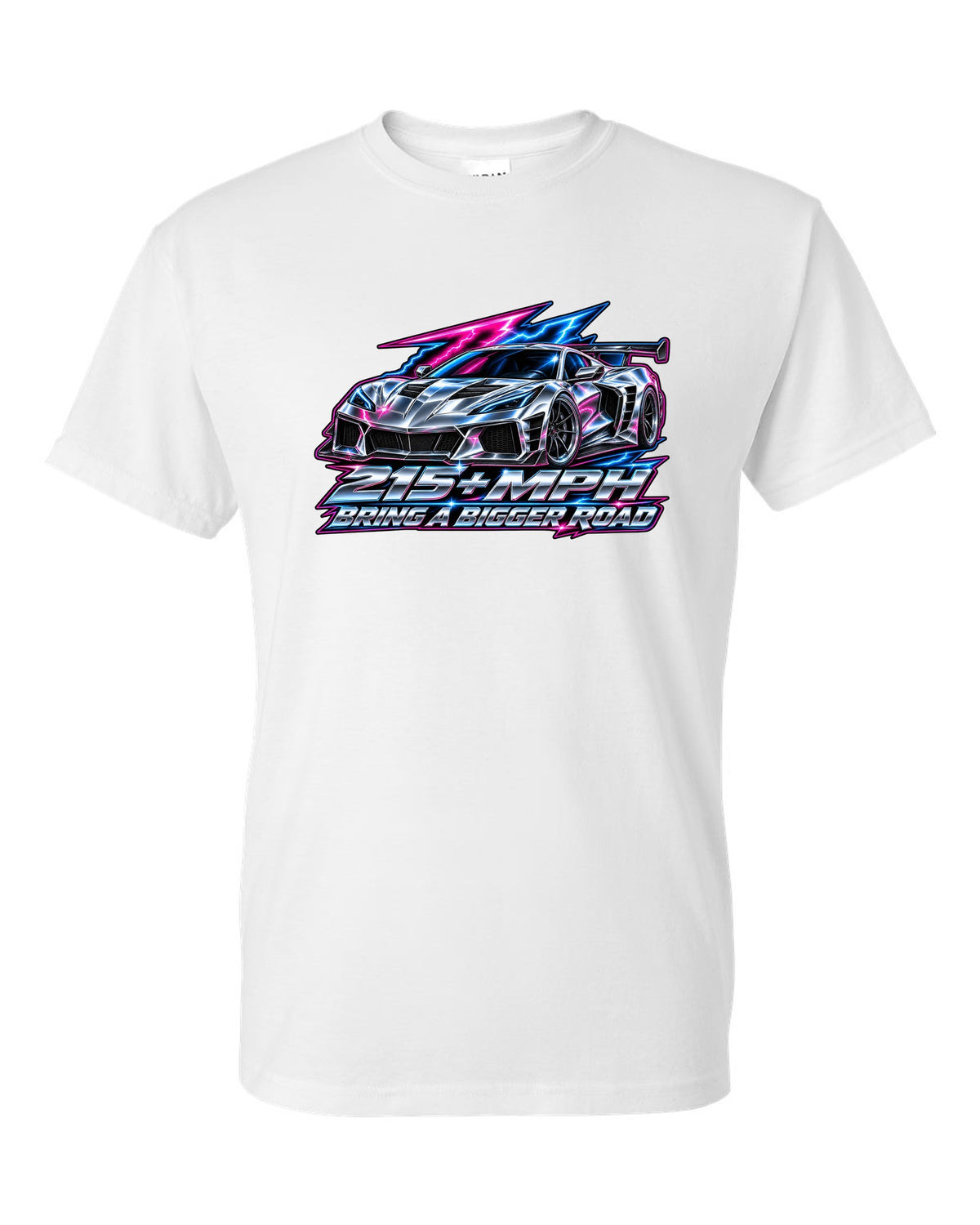 Gauge-cluster HUD design with a 2025 C8 Corvette ZR1 and 215 plus mph lettering white t-shirt front view with the design