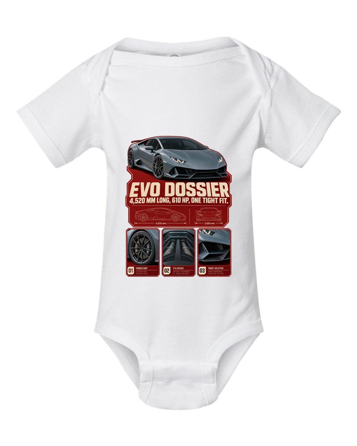Dossier panel print of the Lamborghini Huracan EVO white baby onesie front view with the design