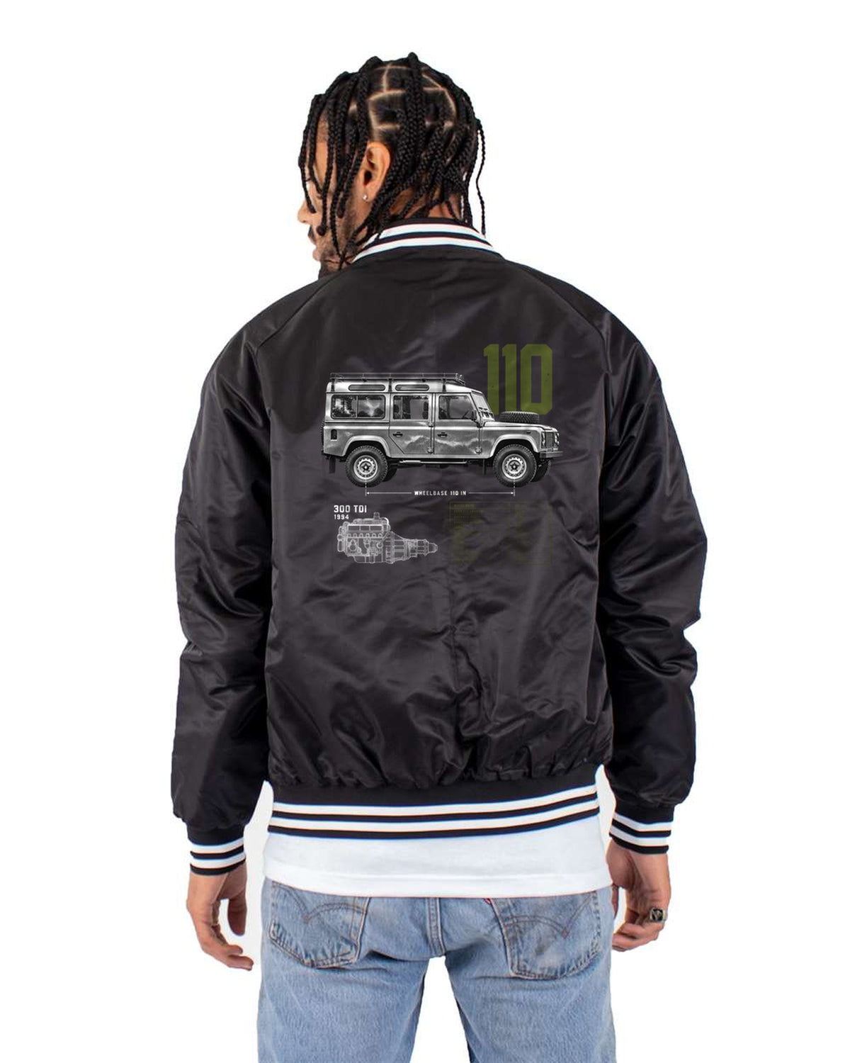 Land Rover Defender 110 300 Tdi 1994 Spec Poster Shirt Bomber Jacket Black back
